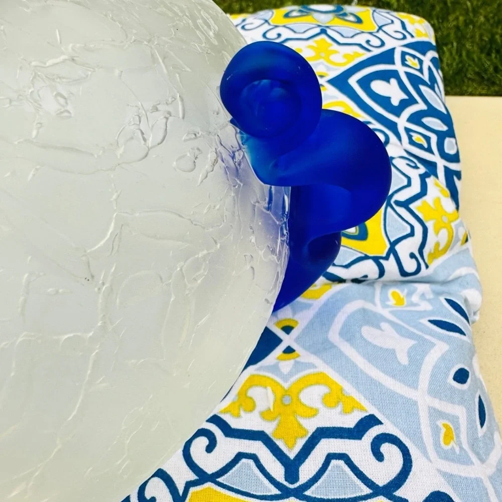STUDIO ART FROSTED WHITE CRACKLE VASE w/ COBALT BLUE HANDLES